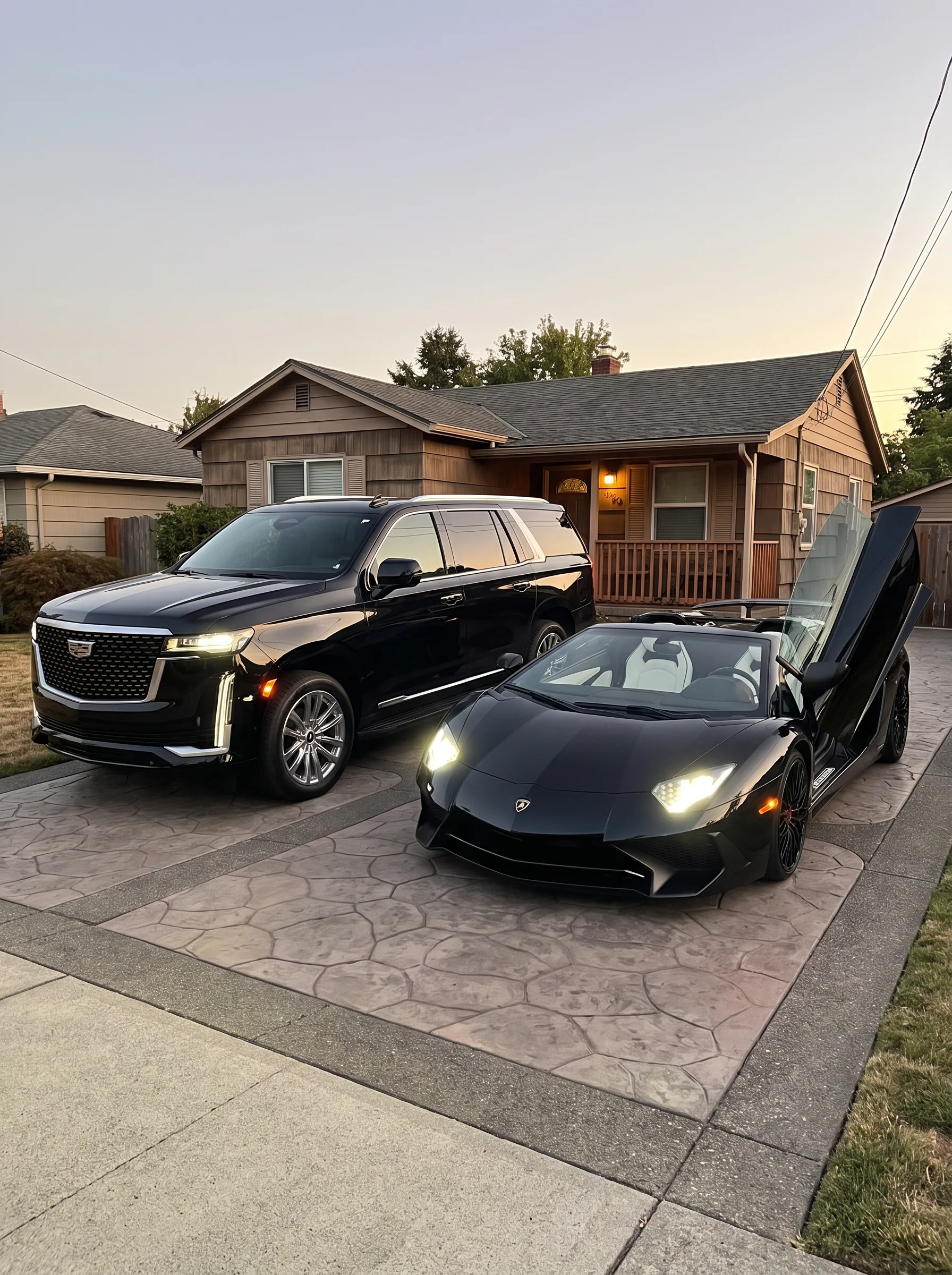 SUV et supercar devant une maison